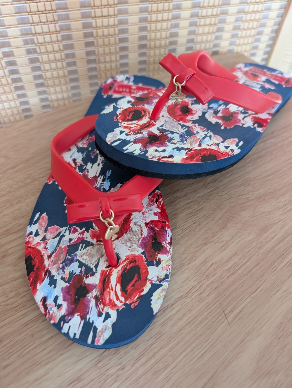 kate spade Navy Floral Flip Flops with Red Straps and Pink Accents - Picture 2 of 6